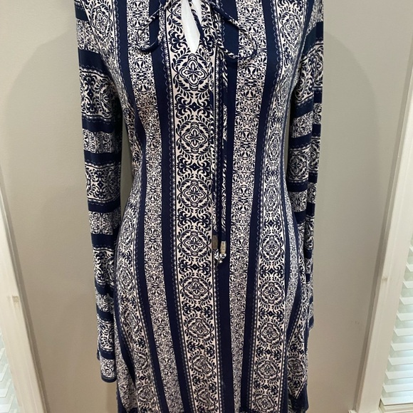Teeze Me Blue and White Sheath Dress with Bishop Sleeves - Picture 1 of 3